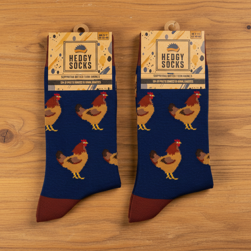 A pair of novelty hen socks with a navy blue body, printed with brown and yellow rooster illustrations, and finished with a dark brown toe cap. They are displayed flat on a light wood grain surface, still attached to their paper packaging.