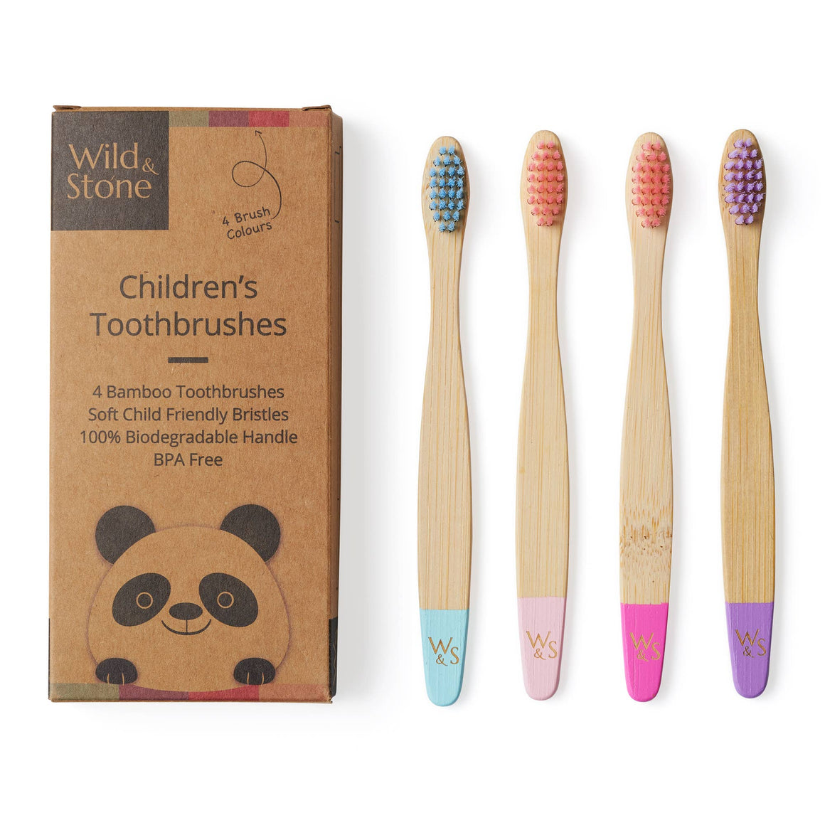 Set of four children's bamboo toothbrushes with colored bristles next to their packaging.