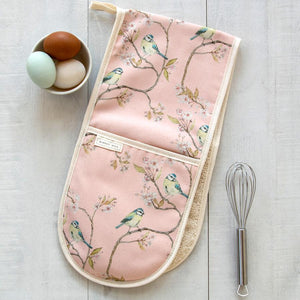 BLUE TIT ON BLOSSOM - DOUBLE OVEN GLOVES (PINK)