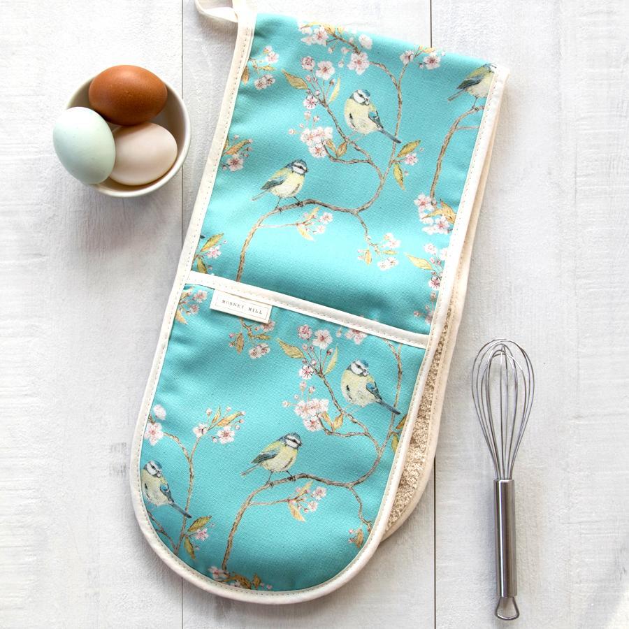 BLUE TIT ON BLOSSOM - DOUBLE OVEN GLOVES (TURQUOISE)