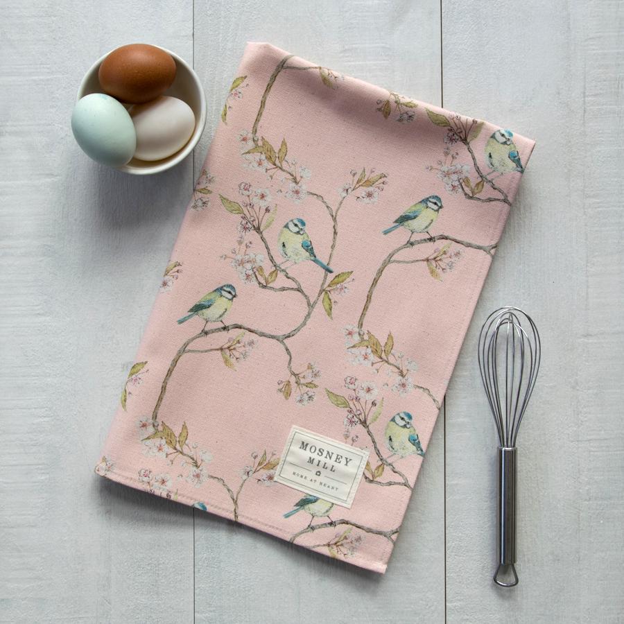 BLUE TIT ON BLOSSOM - TEA TOWEL (PINK)