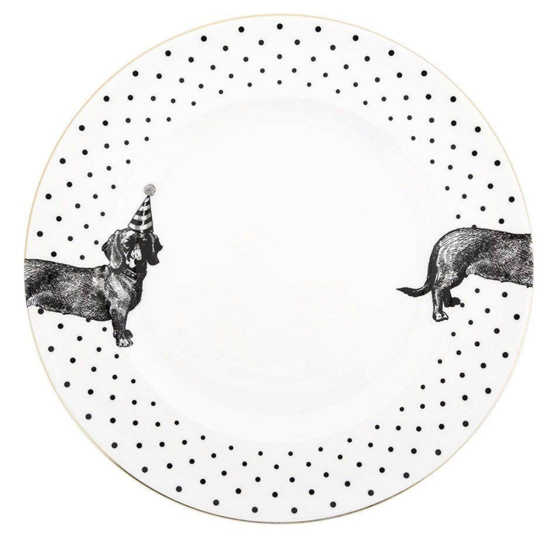 PARTY PUP DASCHUND DINNER PLATE - MONO BY YVONNE ELLEN