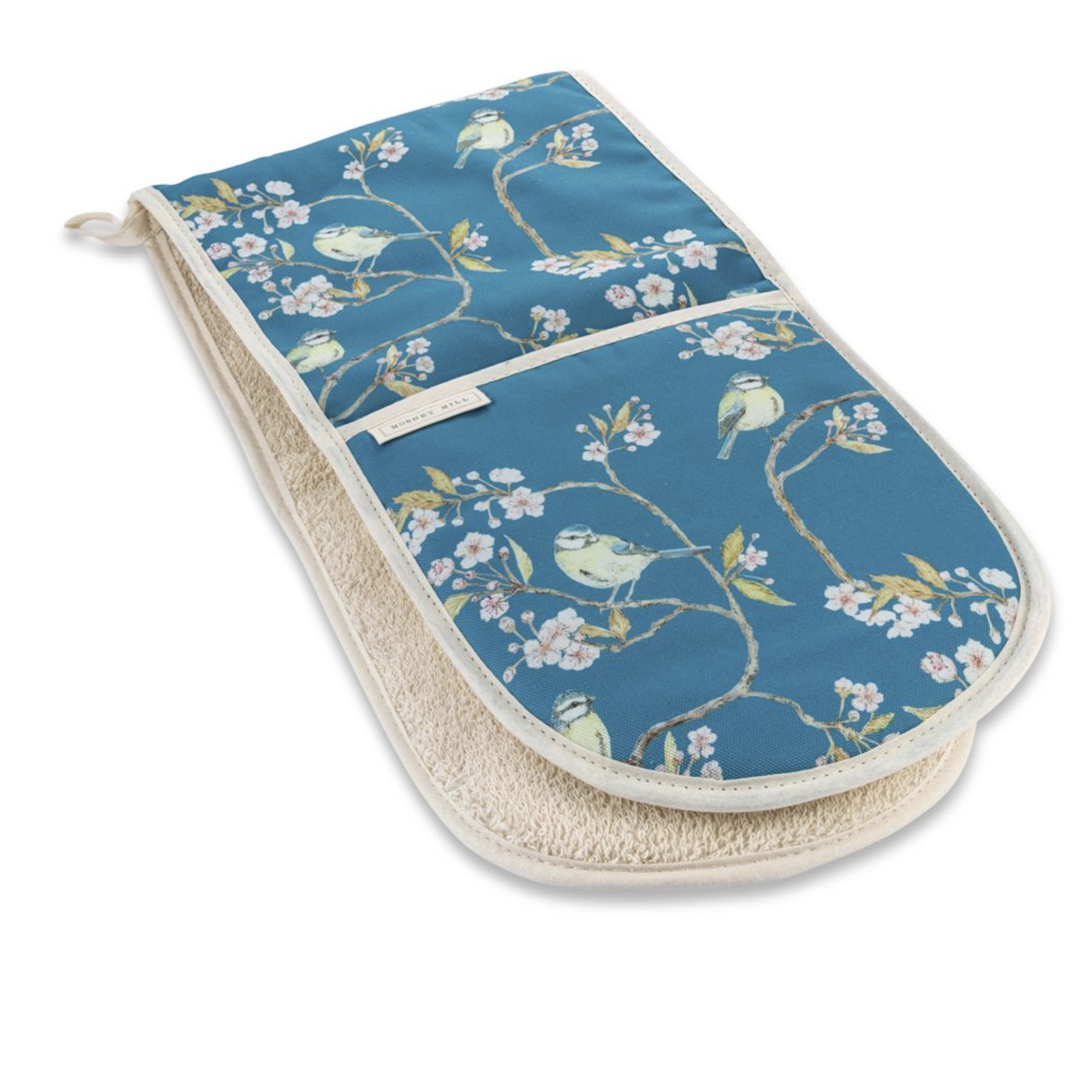 BLUE TIT ON BLOSSOM - DOUBLE OVEN GLOVES (DENHAM BLUE) BY  MOSNEY MILL
