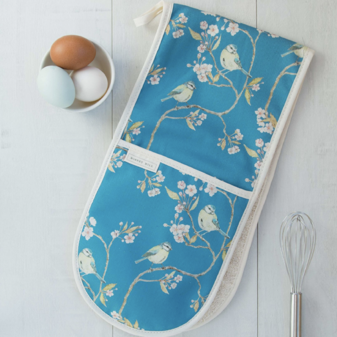 BLUE TIT ON BLOSSOM - DOUBLE OVEN GLOVES (DENHAM BLUE)