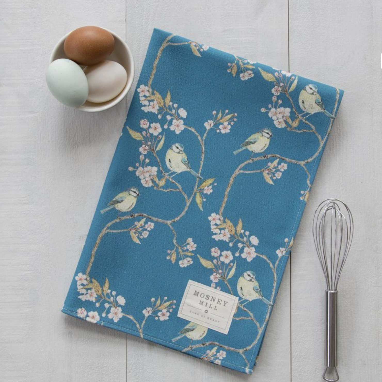 BLUE TIT ON BLOSSOM - TEA TOWEL (Denham Blue) BY MOSNEY MILL