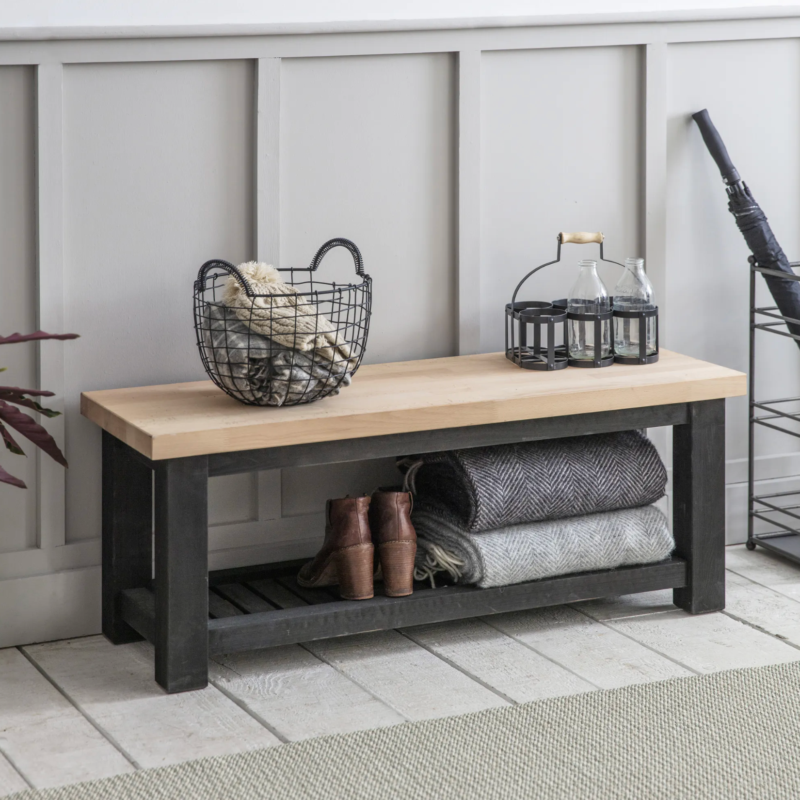 Natural wood outlet entryway bench