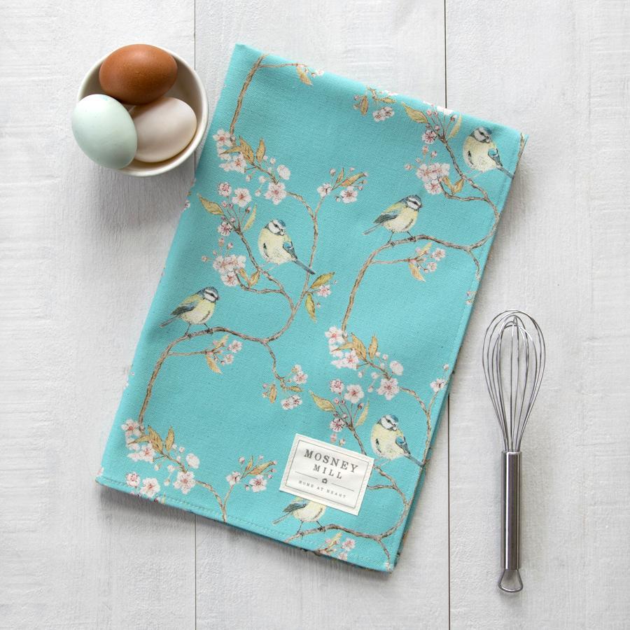 BLUE TIT ON BLOSSOM - TEA TOWEL (TURQUOISE)