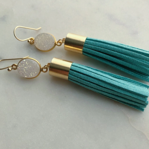 TURQUOISE TASSEL EARRINGS WITH WHITE DRUZY