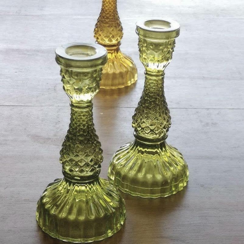 PAIR OF MOSS GREEN GLASS CANDLE HOLDER - Feather & Twigs