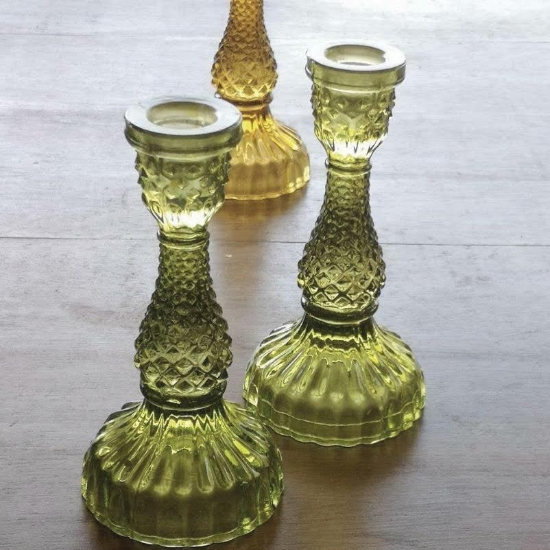 PAIR OF MOSS GREEN GLASS CANDLE HOLDER