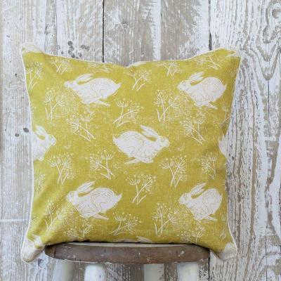 HEADLONG HARE YELLOW OCHRE COTTON CUSHION BY SAM WILSON - Feather & Twigs