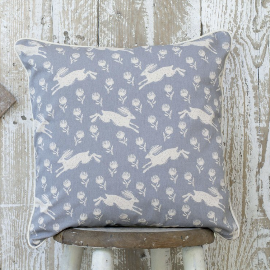RUNNING HARE PATTERN GREY COTTON CUSHION BY SAM WILSON - Feather & Twigs
