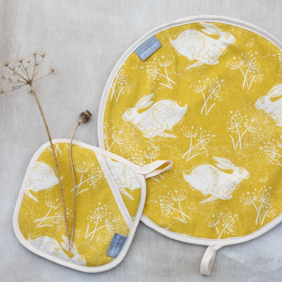 HEADLONG HARE - YELLOW OCHRE LINEN HOB/AGA COVER - Feather & Twigs