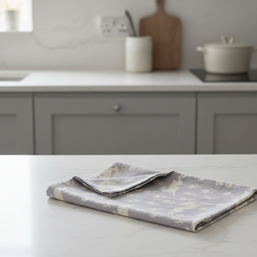 Grey running hare tea towel by Sam Wilson featuring a detailed hare illustration on soft fabric.